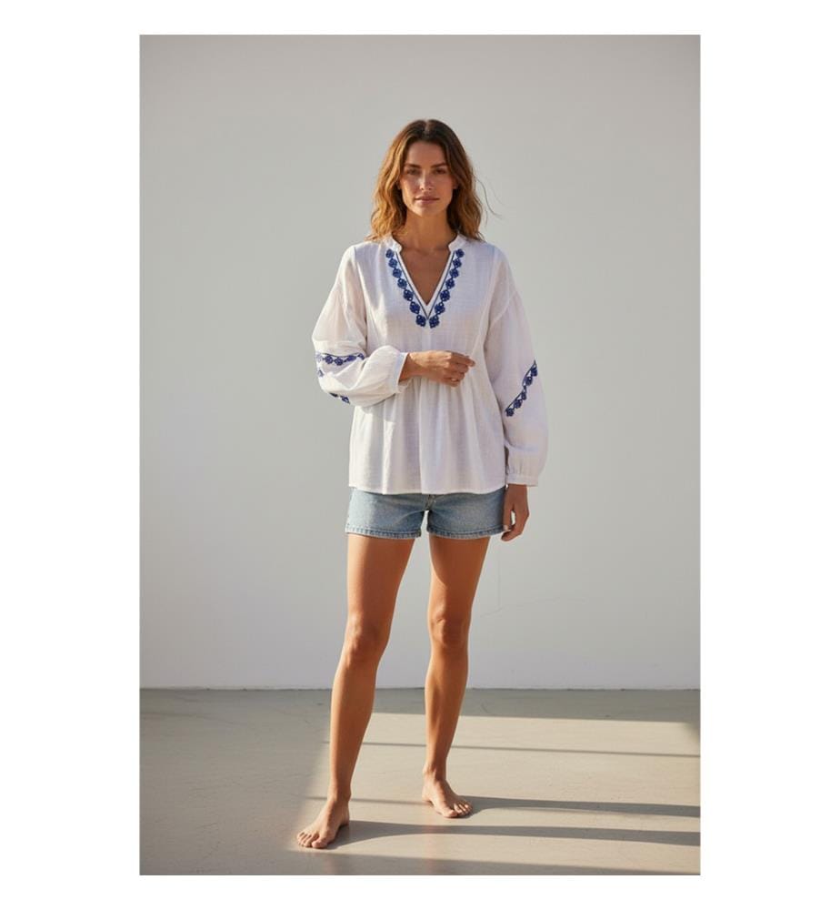 Blouse col tunisien en brodé à manches longues - Blanc