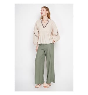 Bluse mit Tunesienkragen aus Stickerei mit langen Ärmeln - Leinen