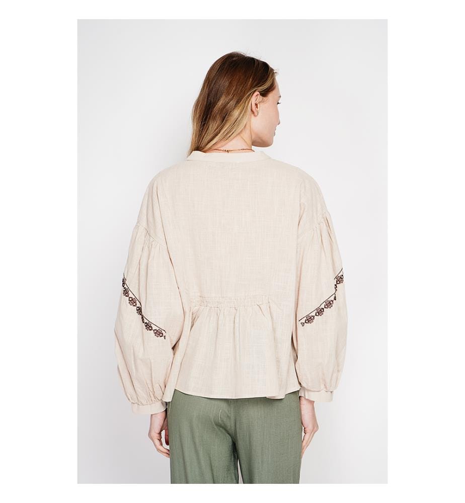 Blouse col tunisien en brodé à manches longues - Lin