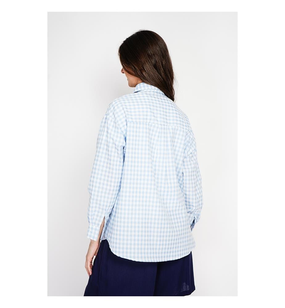 Chemise longue coupe oversize Poche poitrine à manches longues à carreaux - Ciel