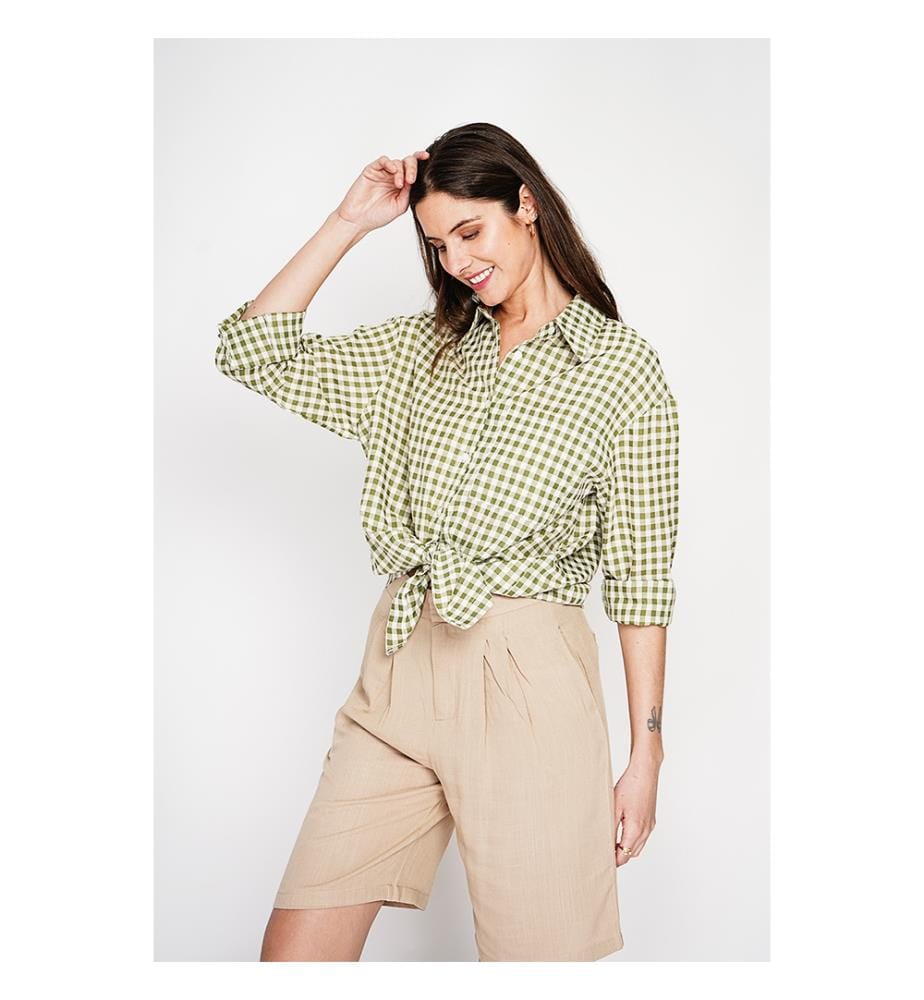 Chemise longue coupe oversize Poche poitrine à manches longues à carreaux - Kaki Claire
