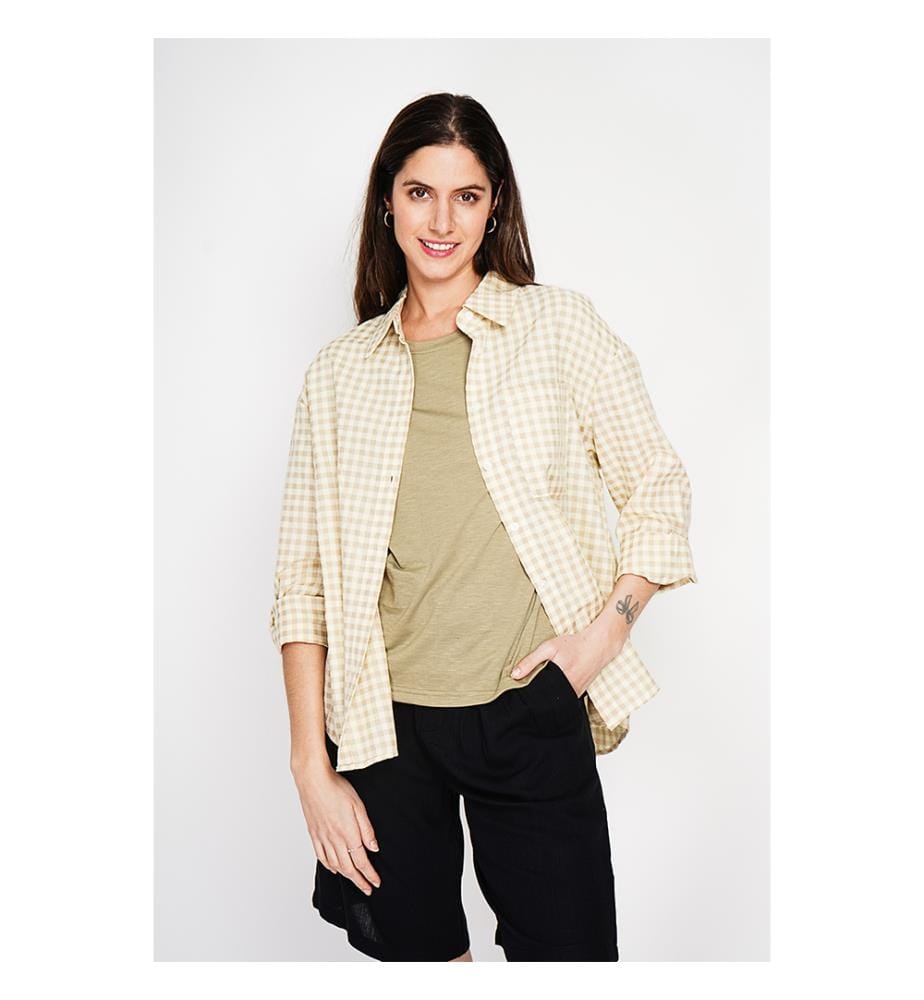 Chemise longue coupe oversize Poche poitrine à manches longues à carreaux - Lin
