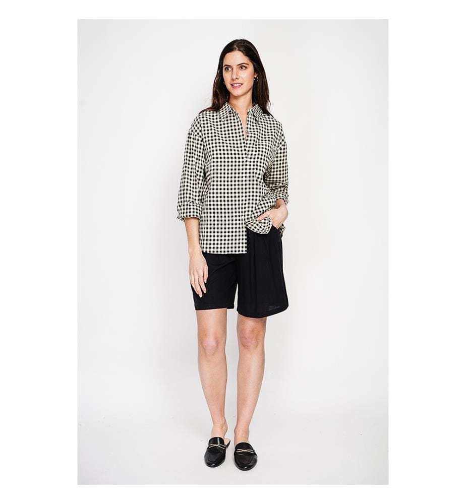 Chemise longue coupe oversize Poche poitrine à manches longues à carreaux - Noir