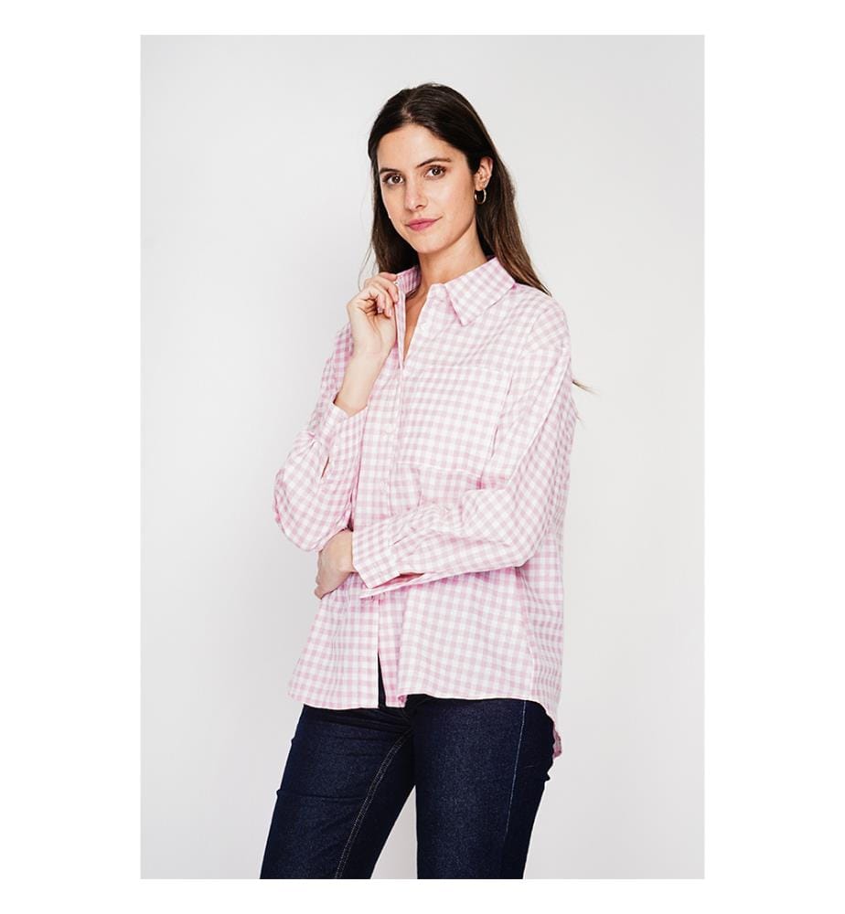 Camicia lunga oversize con tasca sul petto, maniche lunghe, a quadri - Rosee