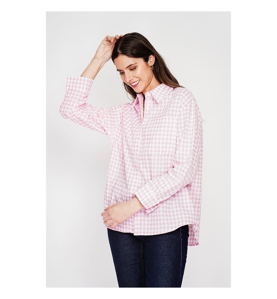 Camicia lunga oversize con tasca sul petto, maniche lunghe, a quadri - Rosee
