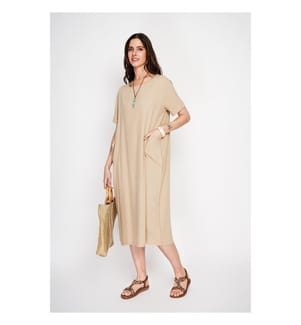 Kleid mit U-Boot-Ausschnitt Taschen vorne Ärmel halblang verkehrt - Camel