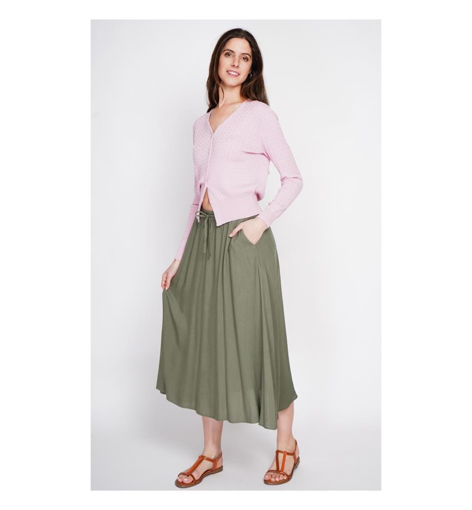 Langer Rock mit elastischem Bund Seitentaschen - Khaki