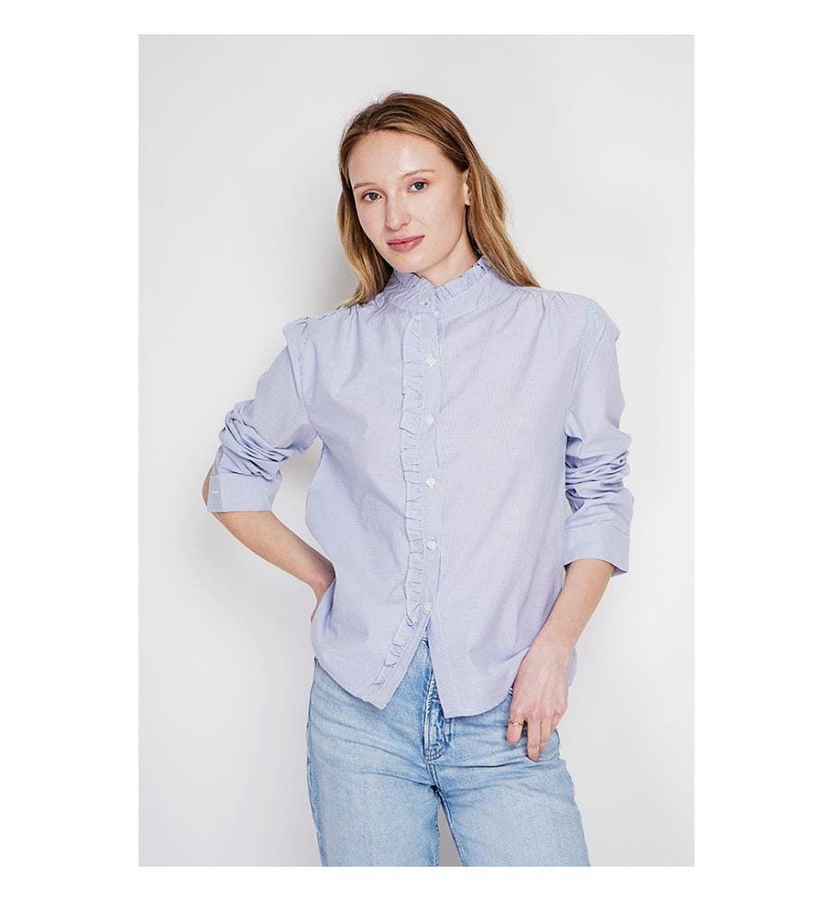 Chemise col montant rayée à manches longues boutonnée devant - Marine