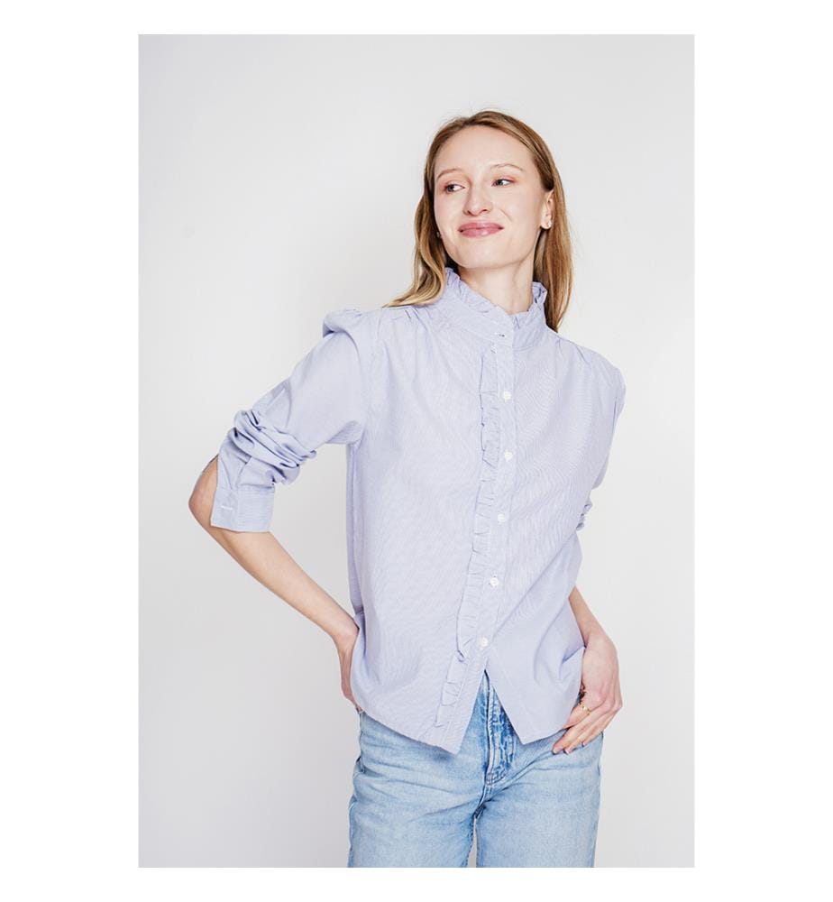 Chemise col montant rayée à manches longues boutonnée devant - Marine