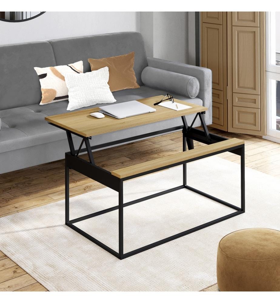Table basse Memphis avec plateau relevable bois et pieds noirs L90cm