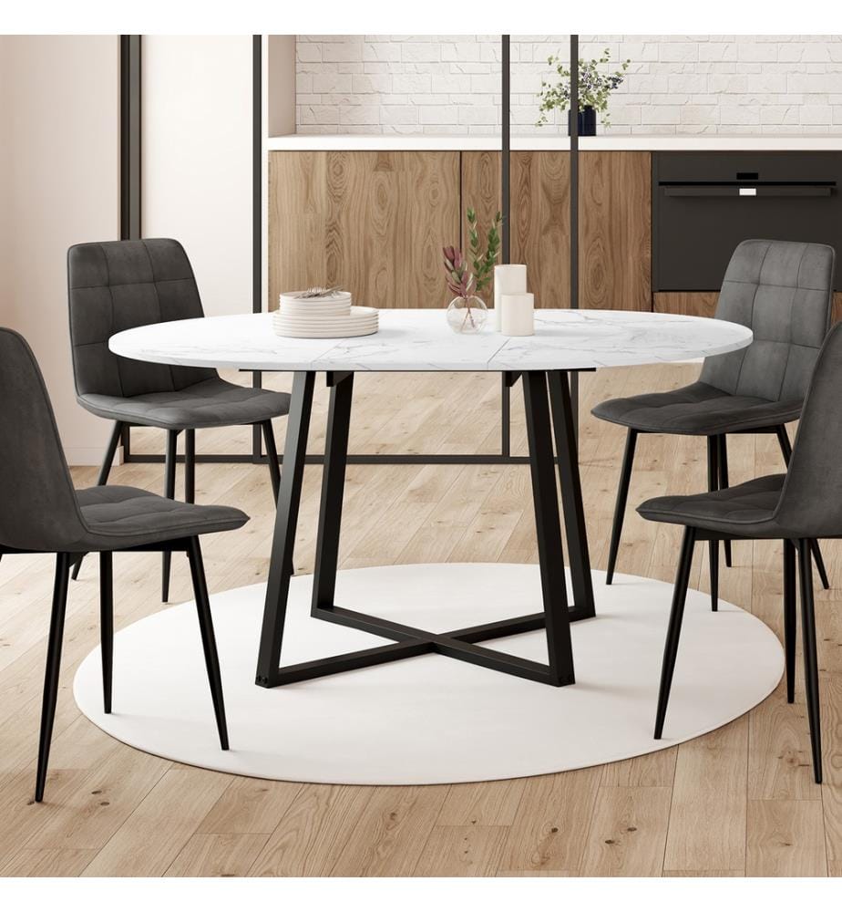 Table repas extensible Sana 110-150cm plateau rond - Marbre et Noir
