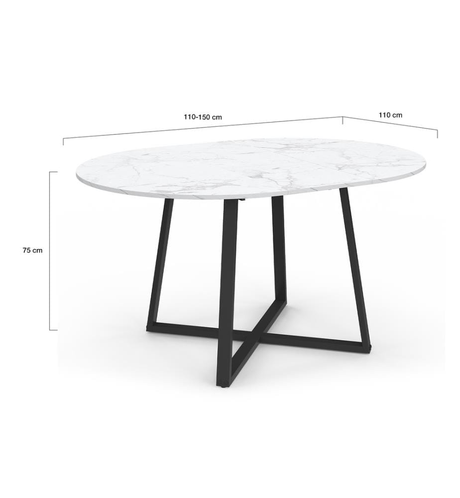 Table repas extensible Sana 110-150cm plateau rond - Marbre et Noir