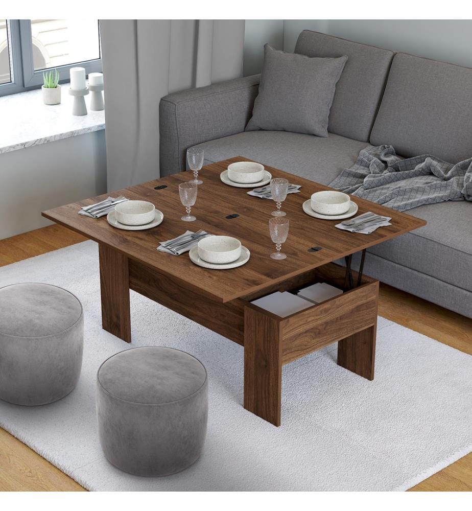Table basse relevable et dépliante - Brun effet noyer