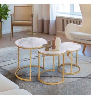 Lot de 3 Tables Basses Glam 45 x 45 x 45 cm - Blanc & Doré