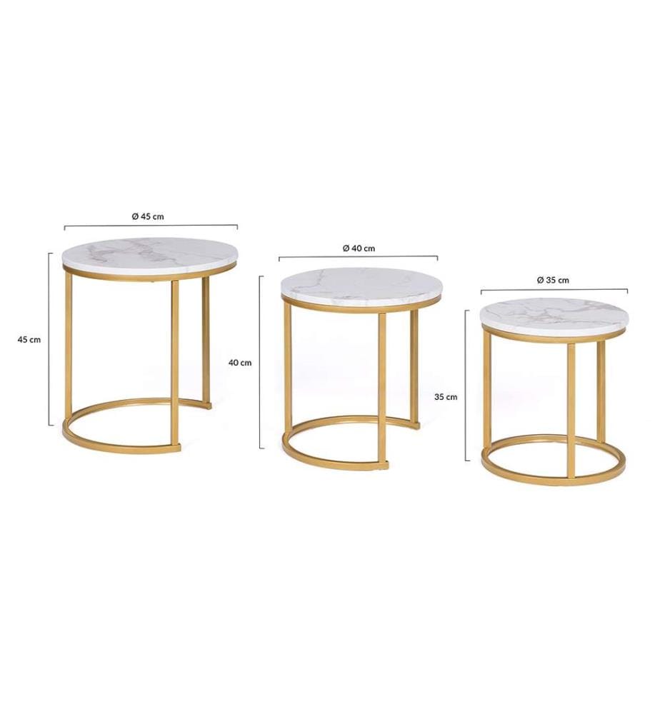 Lot de 3 Tables Basses Glam 45 x 45 x 45 cm - Blanc & Doré