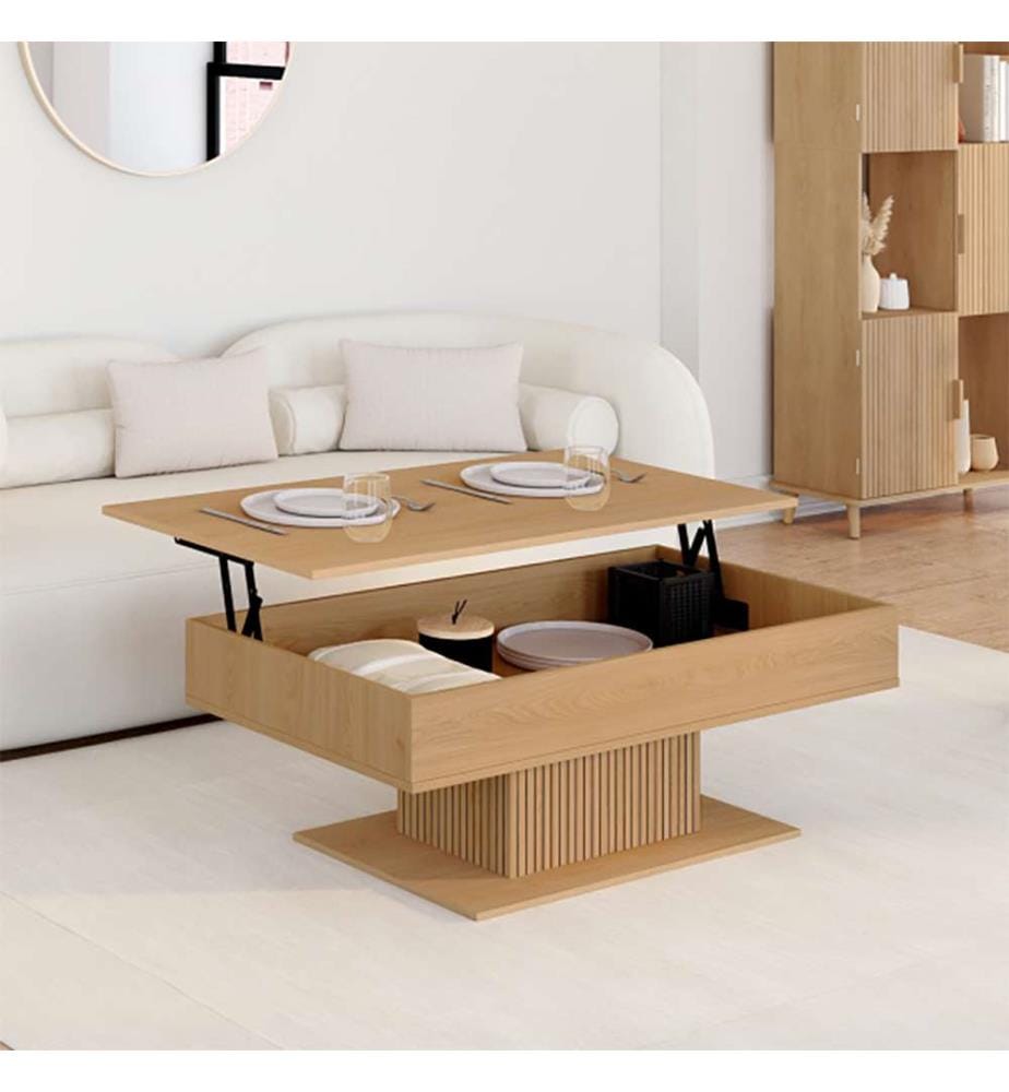 Table basse Tania avec plateau relevable bois et pieds lattes L110cm