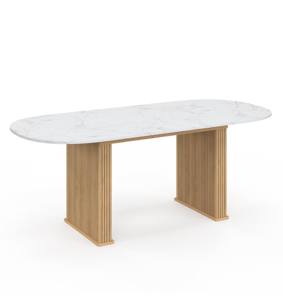 Marceau 160-200cm extendable dining table with rounded top - White and Brown marble effect top