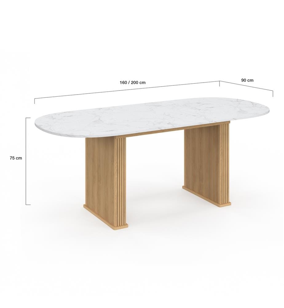 Marceau 160-200cm extendable dining table with rounded top - White and Brown marble effect top