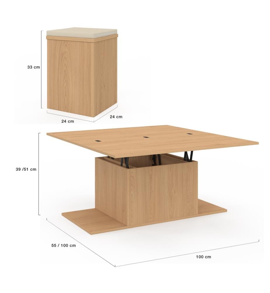 Table basse Tania 2 en 1 avec plateau dépliant et 4 assises - Brun
