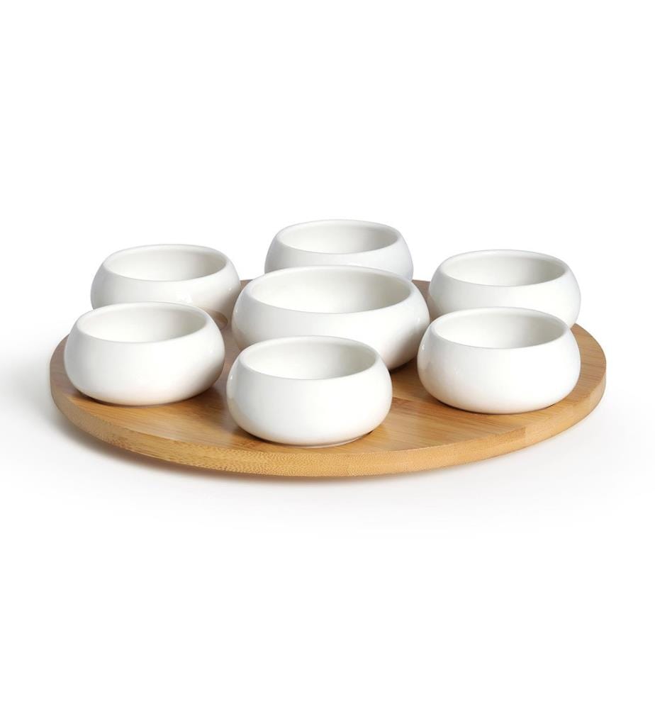 Set aus 7 Keramik-Apéroschalen mit Bambusplatte Drehbar Tapas