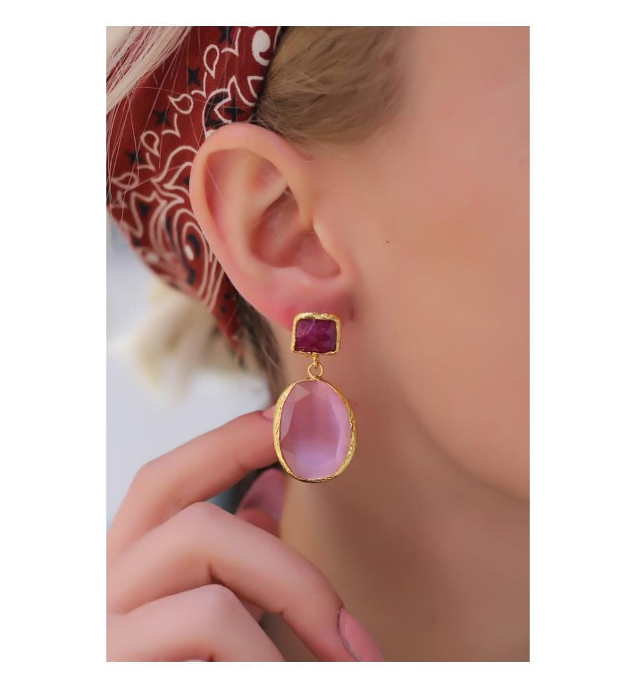 Agate and Cat's Eye Earrings - Pink