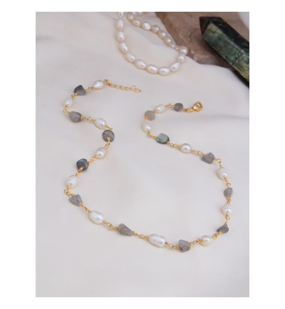 Labradorite and Pearl Necklace - Gray and White