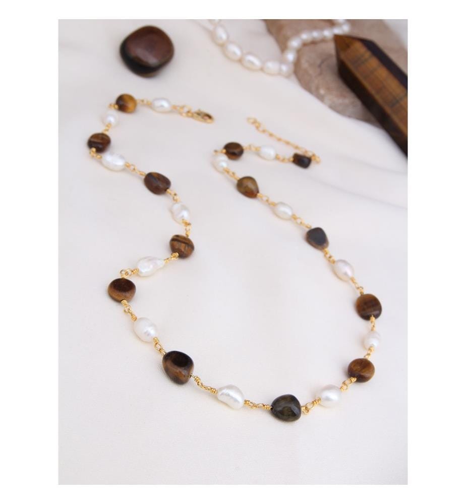 Tiger's Eye and Pearl Necklace - Brown and White