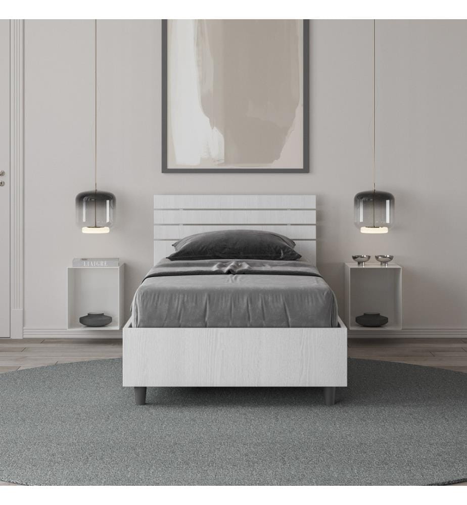 Bett mit Bettkasten 80x200 gerades Kopfteil mit Holzlatten Esche weiss Ankel