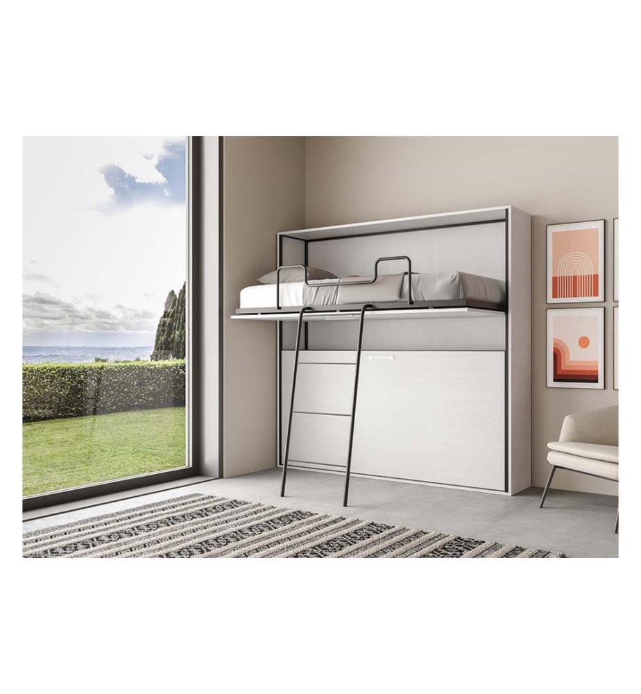 Lit escamotable Kando Lit superposé 2 places horizontal avec matelas - Blanc