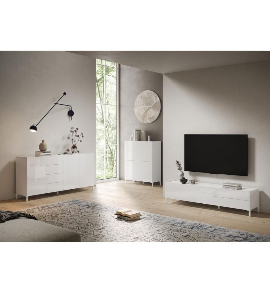 Lowboard 1 Klappe/2 Schubkästen 160x42x40 cm Solaria glänzendes Weiss
