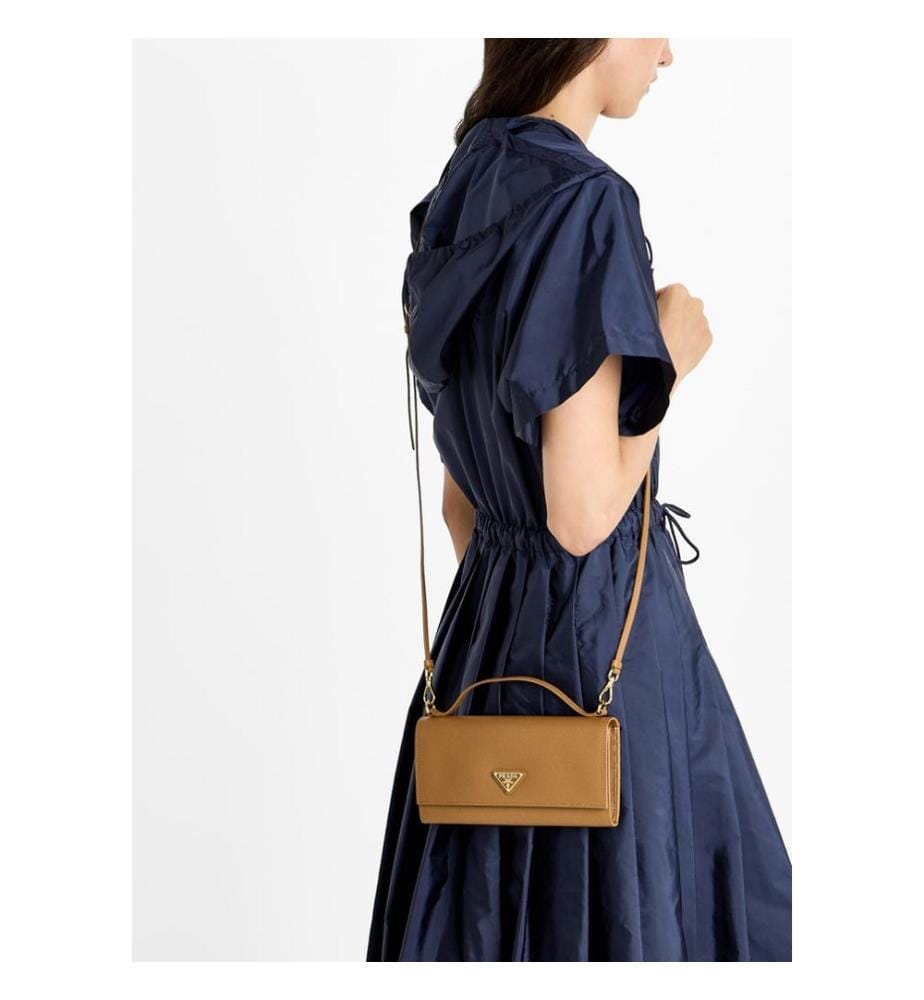 Saffiano-Lederbrieftasche mit Riemchen - Karamell
