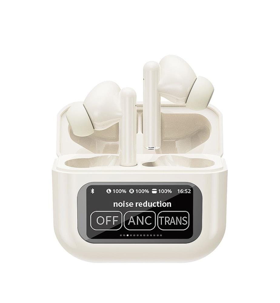 Kopfhörer KW-07 TWS. Bluetooth 5.4, aktive Geräuschunterdrückung (ANC), Ladestation mit LED-Display, bis zu 6 Stunden Akkulaufzeit. 6,1 x 2,6 x 5,1 cm - Hellbeige