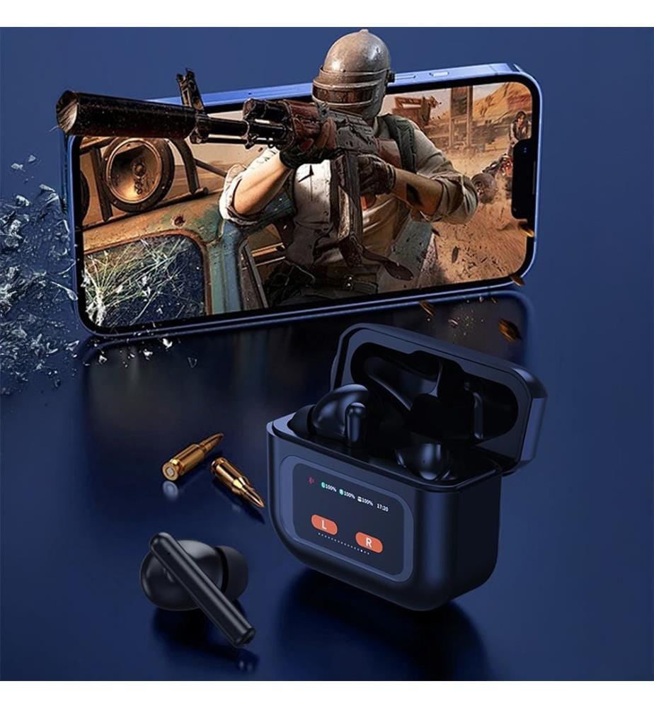 Kopfhörer KW-07 TWS. Bluetooth 5.4, aktive Geräuschunterdrückung (ANC), Ladestation mit LED-Display, bis zu 6 Stunden Akkulaufzeit. 6,1 x 2,6 x 5,1 cm - Hellbeige