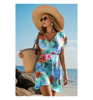 Strandkleid mit tropischem Print – Himmelblau