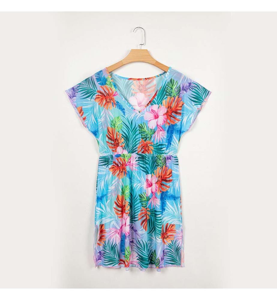 Strandkleid mit tropischem Print – Himmelblau