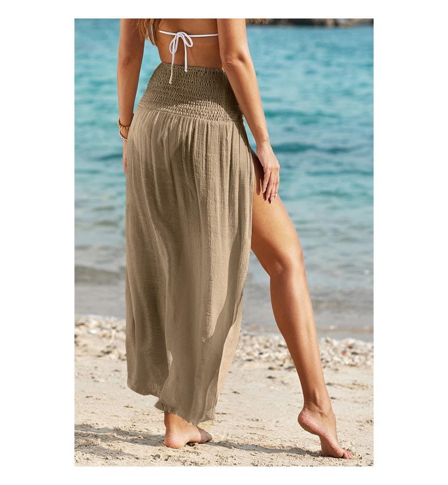 Langer Strandrock mit Schlitz und hoher Taille – Hellkhaki