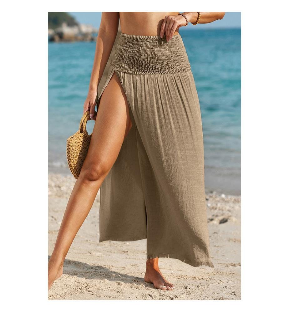 Langer Strandrock mit Schlitz und hoher Taille – Hellkhaki
