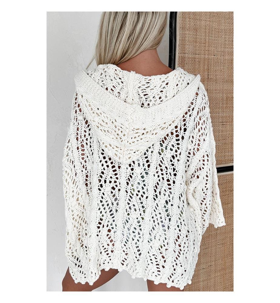 Strandkleid mit Kapuze aus durchbrochenem Strick – Weiss