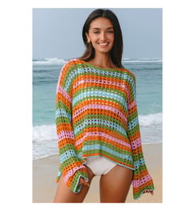 Strandpullover aus durchbrochenem Strick mit Streifen – Orange