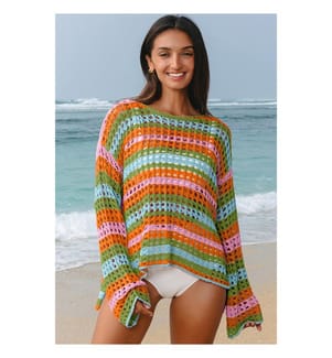 Strandpullover aus durchbrochenem Strick mit Streifen – Orange