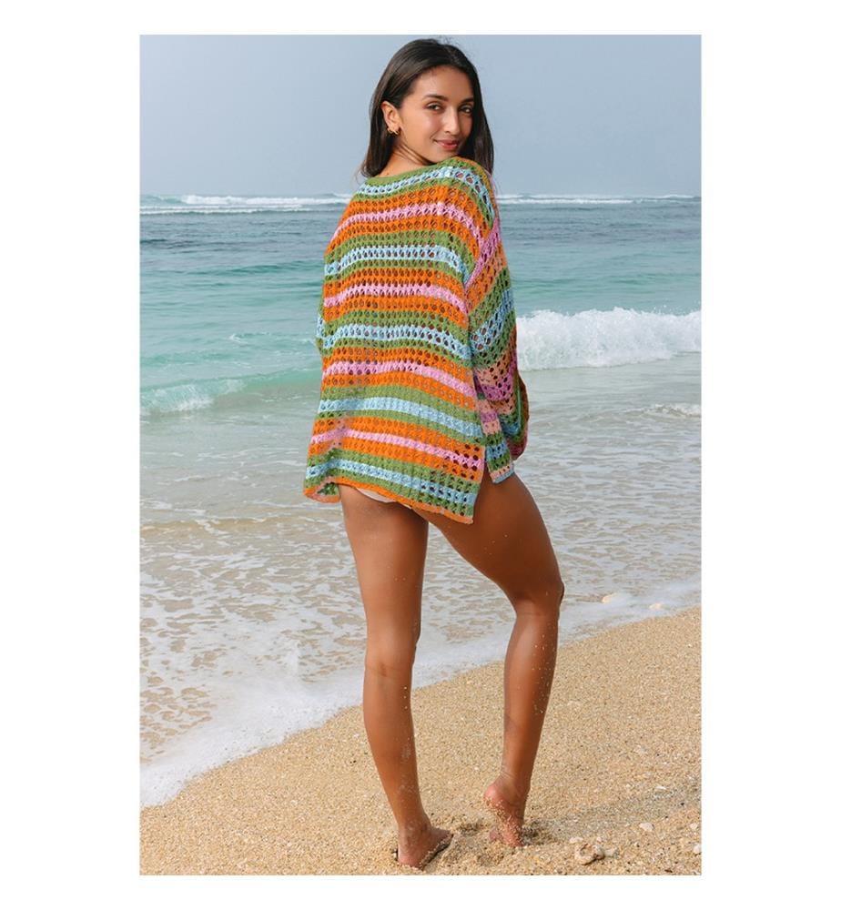 Strandpullover aus durchbrochenem Strick mit Streifen – Orange
