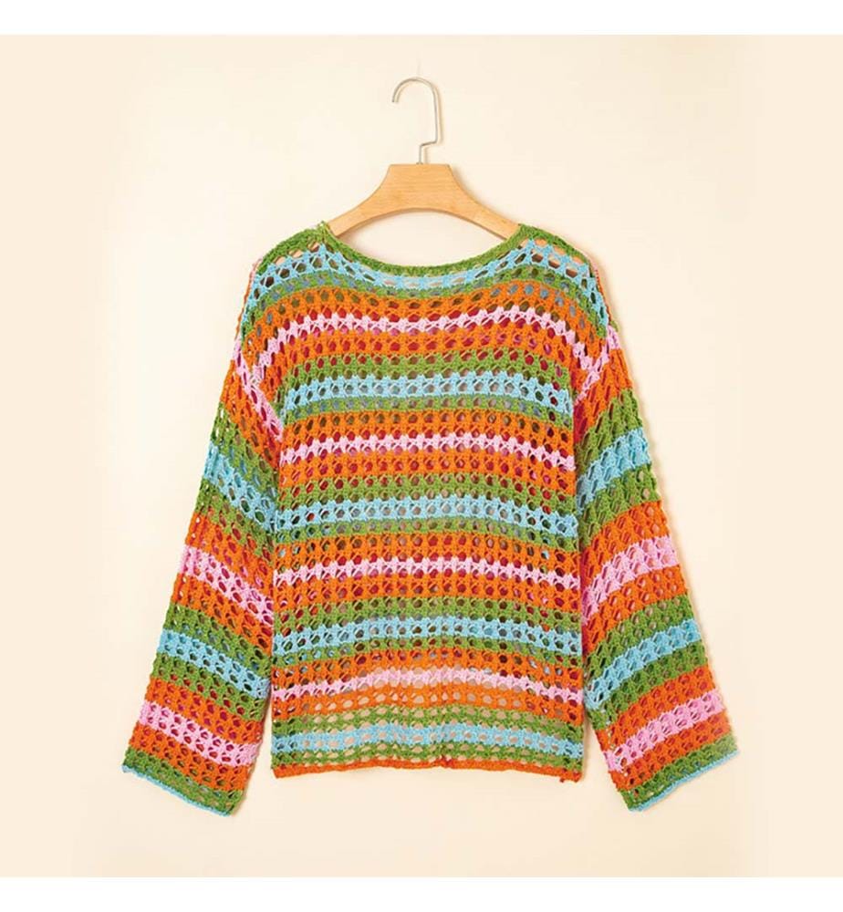 Strandpullover aus durchbrochenem Strick mit Streifen – Orange