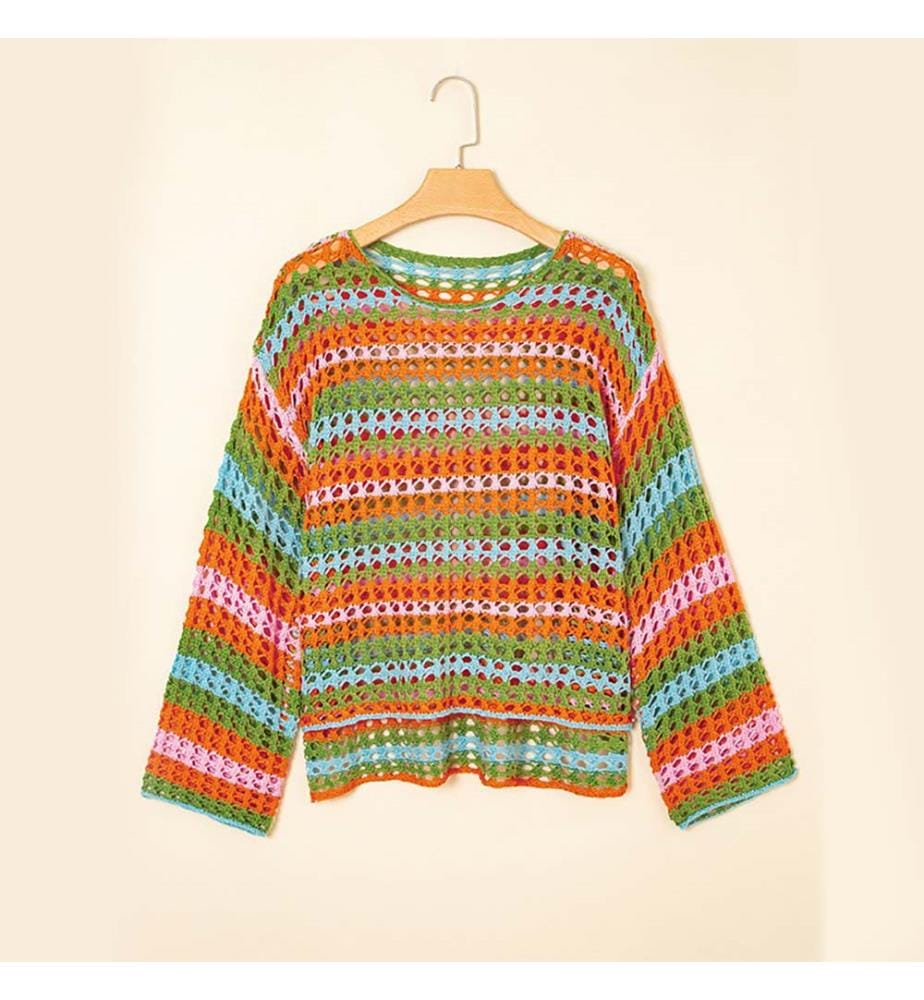 Strandpullover aus durchbrochenem Strick mit Streifen – Orange