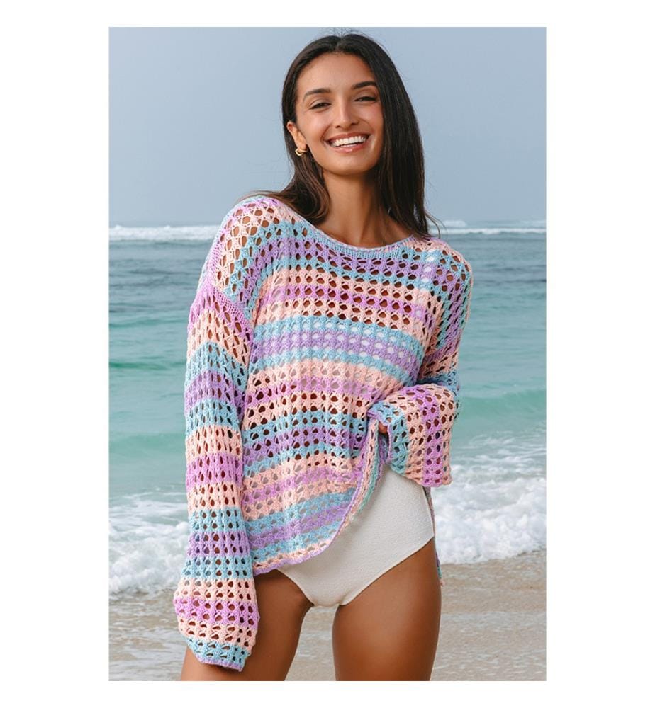 Strandpullover aus durchbrochenem Strick mit Streifen – Violett