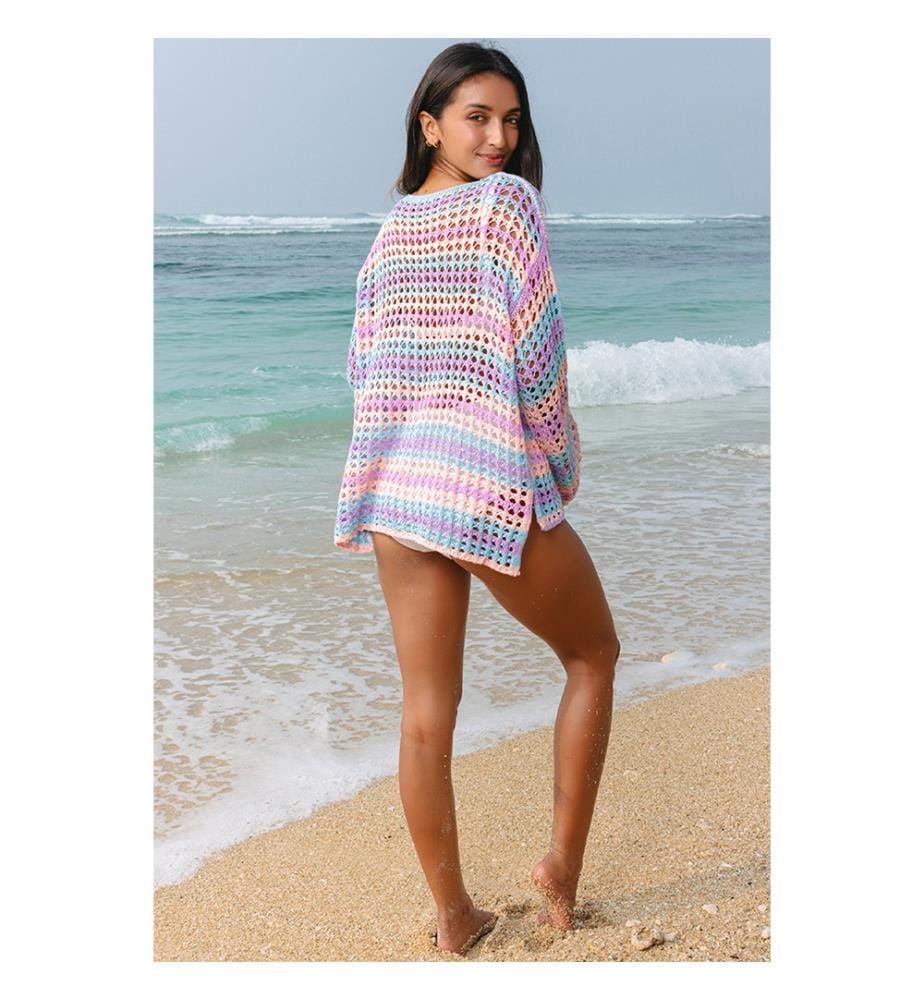 Strandpullover aus durchbrochenem Strick mit Streifen – Violett