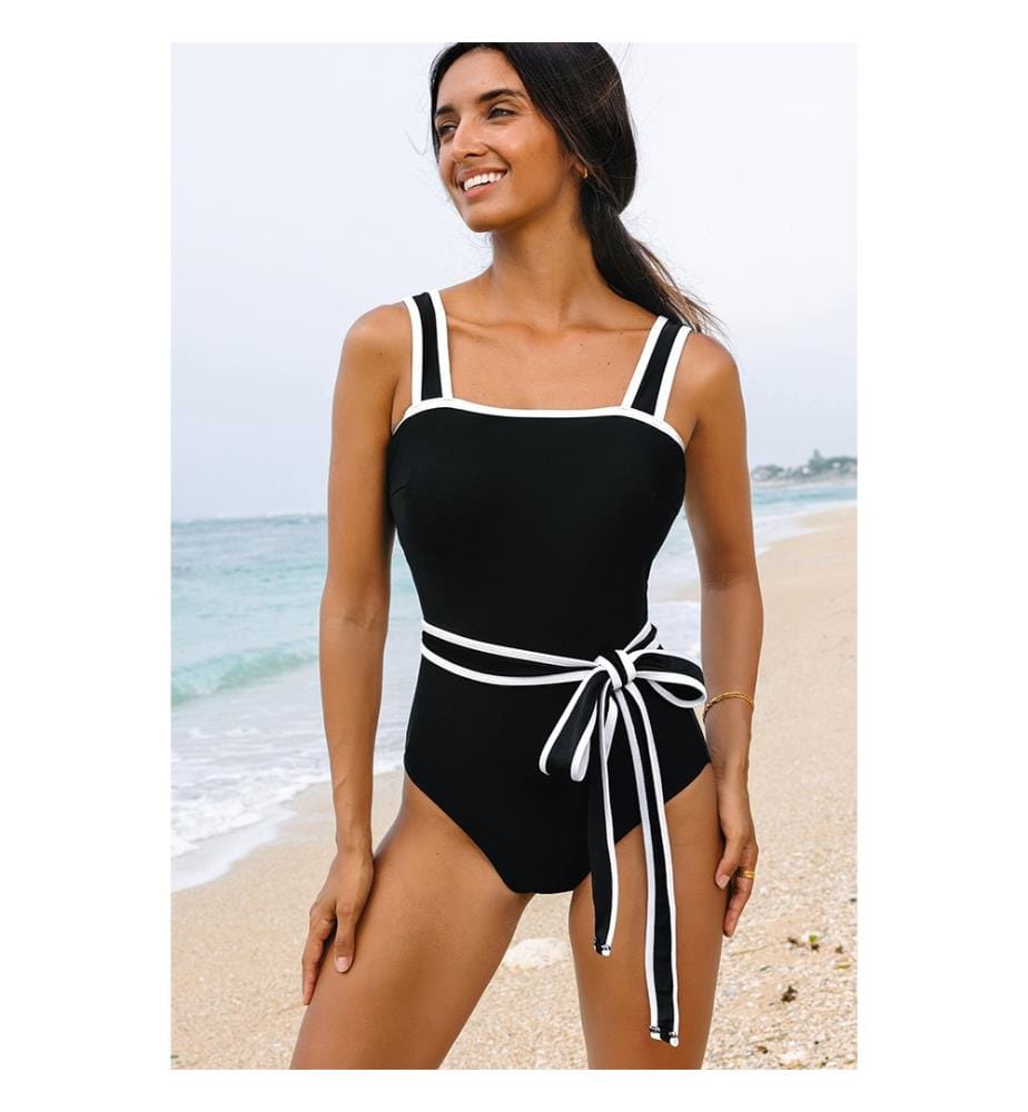 Einteiliger Colorblock-Badeanzug mit Gürtel – Schwarz