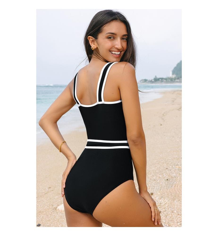 Einteiliger Colorblock-Badeanzug mit Gürtel – Schwarz