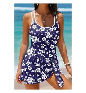 Einteiliger Badeanzug mit asymmetrischem Blumenmuster – Blau