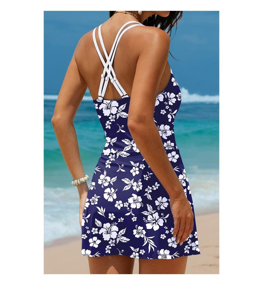 Einteiliger Badeanzug mit asymmetrischem Blumenmuster – Blau