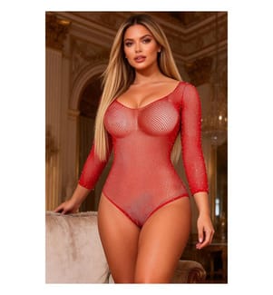 Netz-Body Pailletten Langarm - Rot